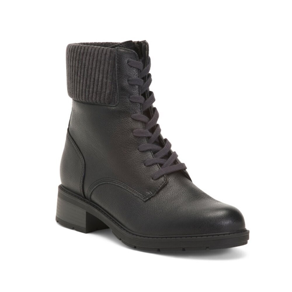 NWB$130 CLARKS Leather Hearth Sky Lug Sole Comfort Lace-Up Combat Boot Black 6.5